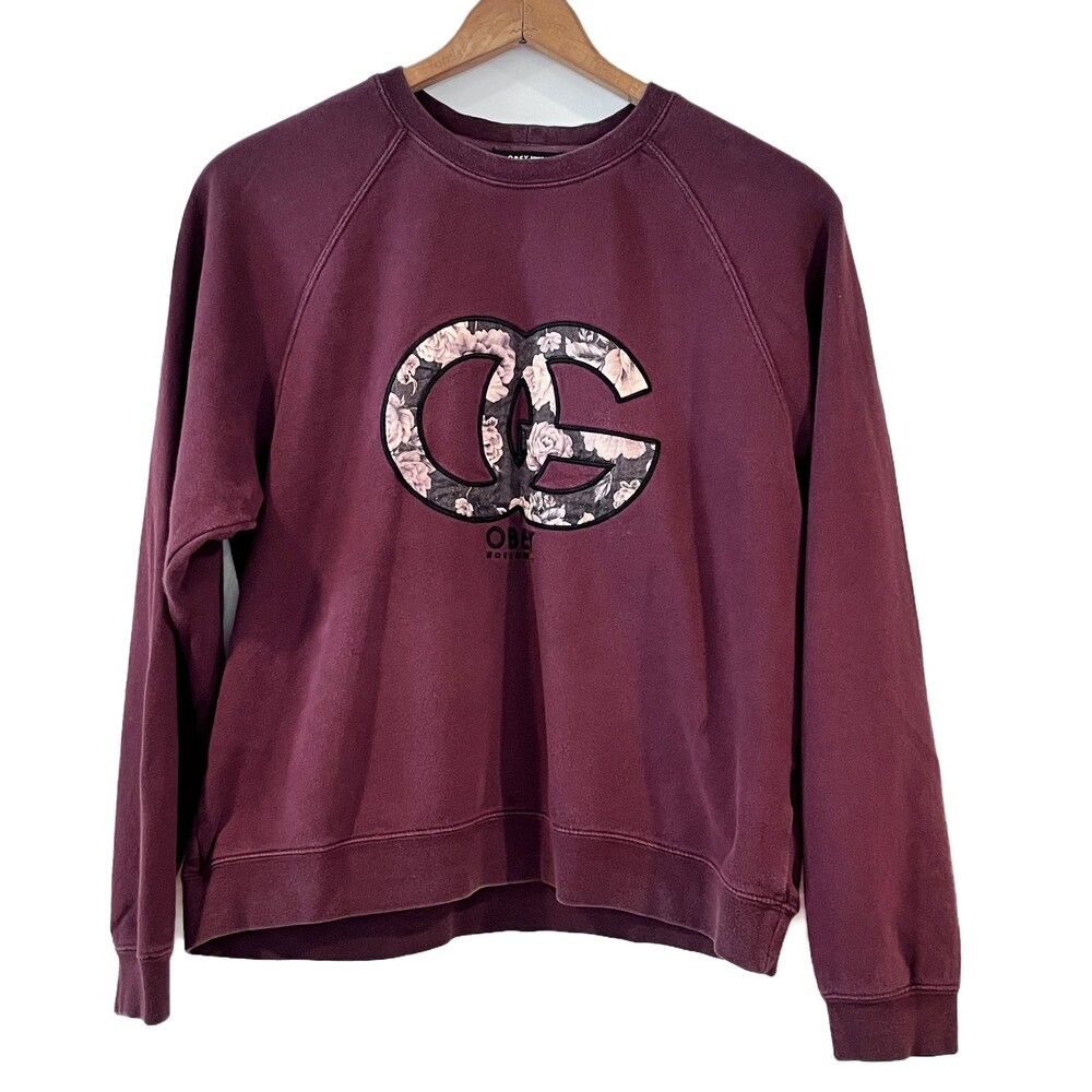 Obey Worldwide No89 Floral OG Large Washed Burgundy Sweatshirt Pullover - Picture 2 of 9